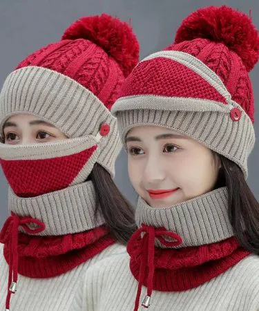 3-piece wool plain beanie and neck warmer set for women in multiple colors, includes windproof full face mask, beanie, and neck warmer, displayed on a winter background , imagecaption=Stylish 3 pcs Wool Beanie & Neck Warmer Set – Available in Black, Blue, Beige, Maroon, Pink, and Purple – Shop now on Khareedo | Kharedo ,