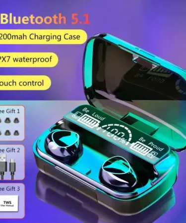 ** M10 wireless Bluetooth Airpods and TWS headphones, sleek black design, showcasing clear sound technology, powerful bass, and sharp treble for an immersive audio experience.