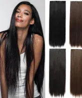 5 clips hair extension dark brown with golden streaking on a model, imagecaption=5‑clip dark brown hair extension with golden streaks – stylish and easy to apply