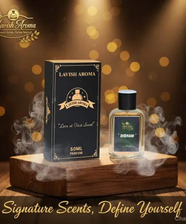 Lavish Aroma Dirham Luxury Perfume 50ml bottle. Elegant alcohol-free unisex fragrance. Oriental scent with fresh citrus, floral, and woody notes for men and women.