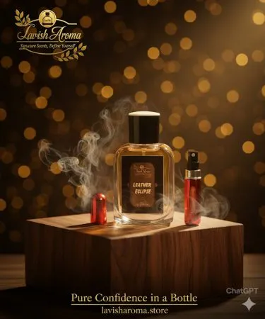 Leather Eclipse Woody Luxury Perfume bottle, elegant black and gold design, alcohol-free long-lasting fragrance for men and women, woody leather oud notes, premium luxury scent by Khareedo.