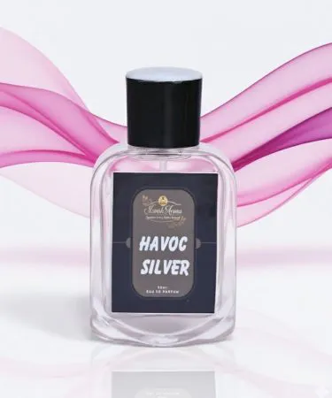 Havoc Silver Luxury Perfume 50ml bottle, sleek silver design for men, retro green chypre fragrance, long-lasting bold scent, premium quality, available for COD on Khareedo/Kharedo Pakistan.