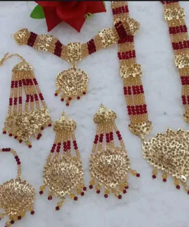 New style gold plated bridal set for women, fashionable design with necklace, earrings, tikka, and bangles, perfect for Pakistani weddings.