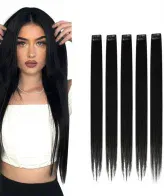6 pieces black single clip hair extension set for girls, perfect volume and length, easy clip‑in application, high‑quality synthetic fibers