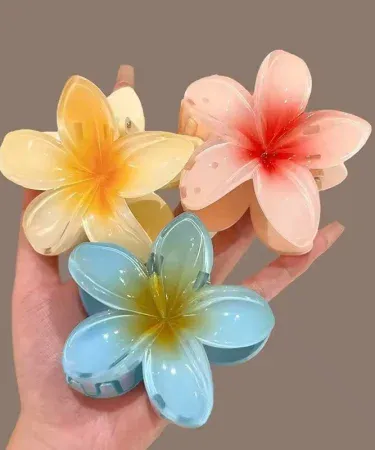 Large Hawaiian Plumeria flower hair claw for women, non-slip strong grip jaw clip for thick thin hair, summer beach headwear accessory, Khareedo Pakistan.