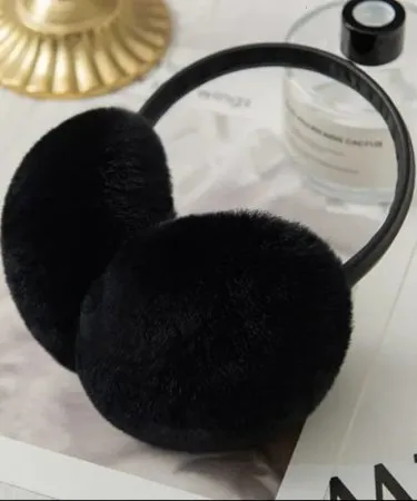 Furry black earmuffs with a soft plush texture and adjustable headband