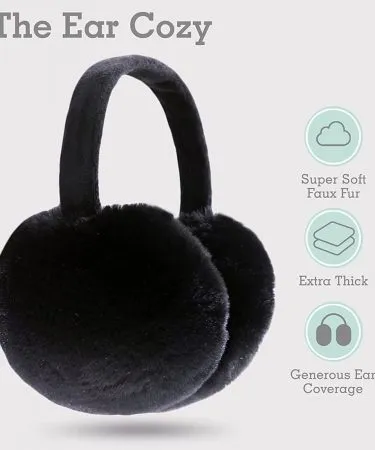 Furry black earmuffs with a soft plush texture and adjustable headband