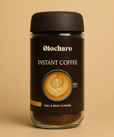 Mocharo Premium Instant Coffee 50g jar with strong and bold flavor indication, ideal for a rich café-style experience, freshly packed in Pakistan.