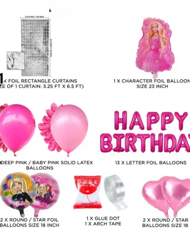 Barbie girl theme birthday party decoration set featuring pink balloons, banners, table covers, and party accessories, perfect for a girl's special day celebration.