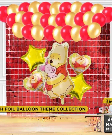 Winnie the Pooh red and golden birthday decoration theme set with party balloons, banners, and character cutouts