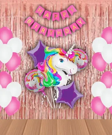 Unicorn Happy Birthday Theme Set featuring 30 pink and purple latex balloons, a vibrant 'Happy Birthday' banner, a magical unicorn themed backdrop foil curtain, and additional party accessories, perfect for a kids' birthday celebration at home.