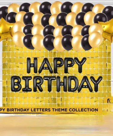 Happy Birthday foil letter balloons and rectangular foil curtains in vibrant colors, creating a festive party backdrop for a birthday celebration in Pakistan.