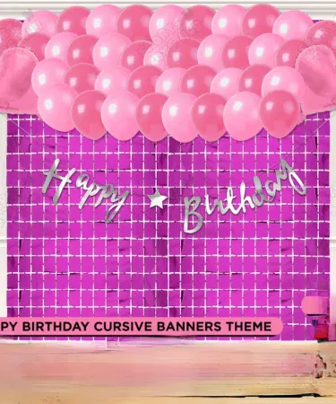 Happy Birthday Cursive Banner Theme Set with 30 vibrant latex balloons, shimmering foil curtain, and two star balloons for complete birthday party decorations. Premium quality party supplies kit for celebrations in Pakistan.