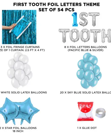 1st Tooth Foil Letters Theme with Curtains - Blue for boys and Pink for girls baby celebration decorations
