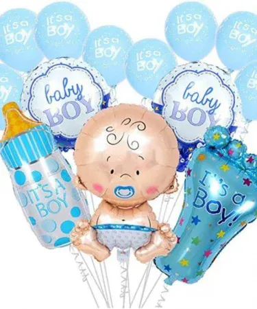 Baby boy theme balloon set featuring 30 blue and white balloons with 5 baby boy themed balloons, ideal for birthday parties and special occasions.