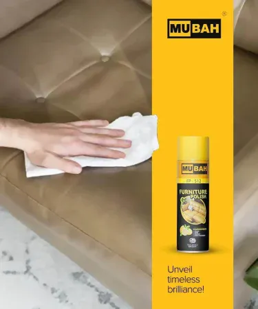 Mubah Furniture Polish FP-512 bottle, showing its powerful formula to give shine and make all types of furniture look brand new and restored.
