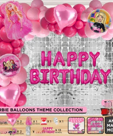 Barbie girl theme birthday party decoration set featuring pink balloons, banners, table covers, and party accessories, perfect for a girl's special day celebration.