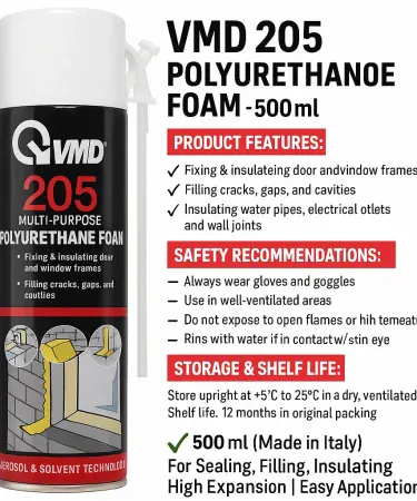 Polyurethane Foam Spray VMD 205 500ml can with foam expanding from nozzle, sealing gaps around a window frame, insulating an electrical outlet, and securing a water pipe
