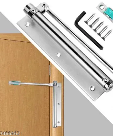 Adjustable automatic aluminum alloy spring door closer installed on a dark brown fire-rated door, showcasing its compact and robust design.