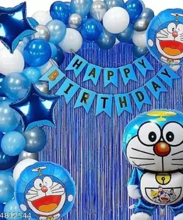 Doraemon theme birthday decoration set with 40 latex balloons, 5 character foil balloons, 1 back foil curtain, and 1 happy birthday banner, perfect for kids' parties in Pakistan from Khareedo.