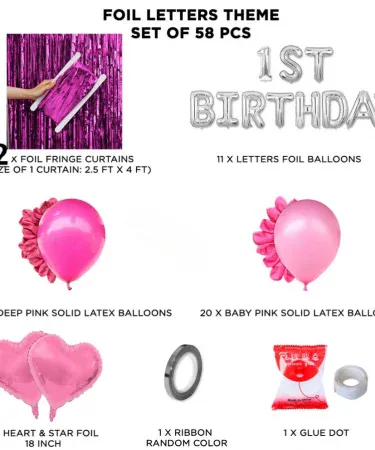 Vibrant 1st birthday foil letter decoration kit with matching pink or blue curtain backdrop for boys and girls party.