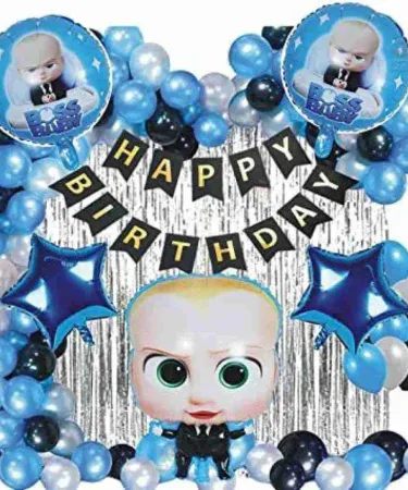 Complete Boss Baby birthday party decoration set featuring 40 latex balloons, 5 Boss Baby character foil balloons, a silver foil back curtain, happy birthday banner, and ribbon for kids' party decor.