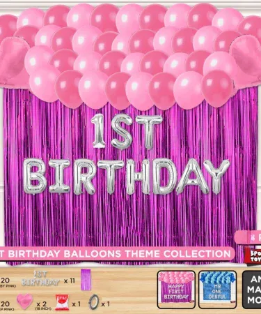 Vibrant 1st birthday foil letter decoration kit with matching pink or blue curtain backdrop for boys and girls party.