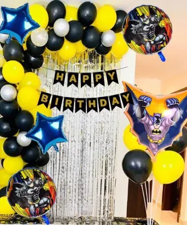 Batman Happy Birthday Decoration Theme Set with 60 latex balloons, foil curtain, happy birthday chain, and character cutouts for a kids' superhero party in Pakistan from Khareedo.