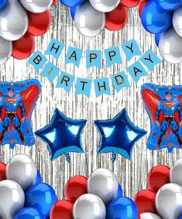 Superman birthday party decorations set with 40 latex balloons, character cutouts, foil curtain, and happy birthday banner from Khareedo Pakistan for kids birthday.