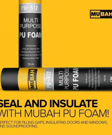 Mubah Polyurethane Foam Spray 750ml can with expanding foam sealing a window gap for insulation