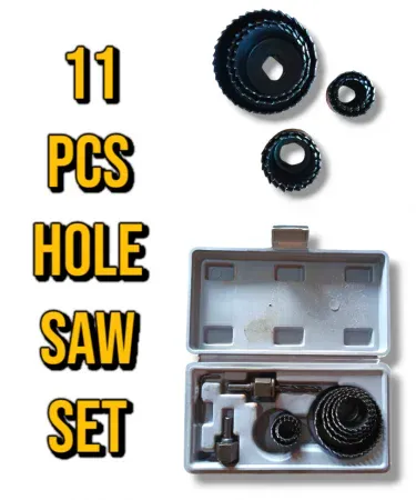 8 and 11 piece hole saw set for ceiling and wood works, multiple size hole saws with arbor and drill bit for precise cutting in wood, drywall, and plaster for professional and DIY use.