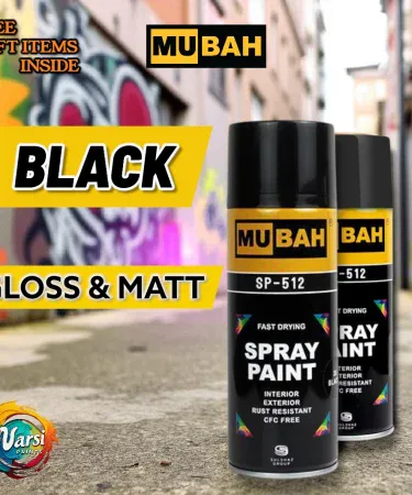 Mubah Black Spray Paint cans in both gloss black and matt black finishes, shown against a clean background, highlighting their versatility for wood, metal, plastic, and DIY projects.