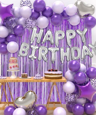 Happy Birthday Decoration Set including 40 latex and metallic balloons, 13 foil Happy Birthday letters, 2 foil curtains, and 4 star/heart foil balloons. Ideal party supplies for a special birthday celebration from Khareedo Pakistan.