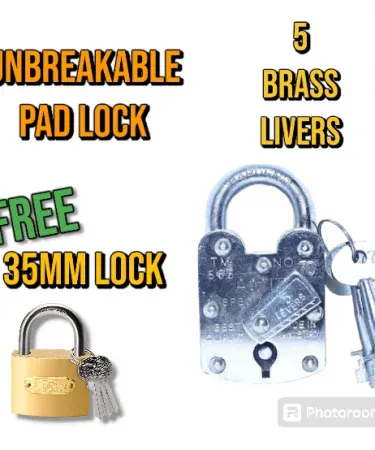 High quality durable brass door padlock with 3 keys and 5 brass levers for superior security.