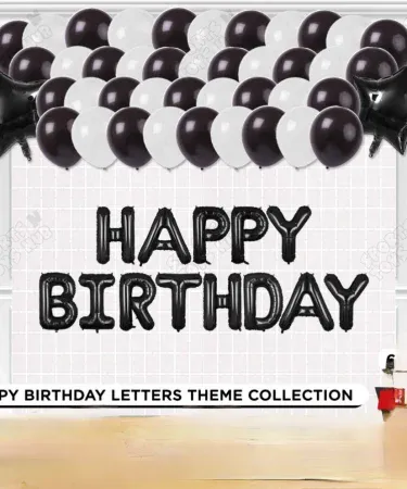 Happy Birthday foil letter balloons and rectangular foil curtains in vibrant colors, creating a festive party backdrop for a birthday celebration in Pakistan.