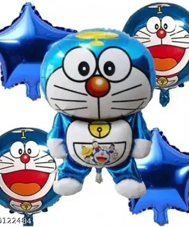 Doraemon theme birthday decoration set with 40 latex balloons, 5 character foil balloons, 1 back foil curtain, and 1 happy birthday banner, perfect for kids' parties in Pakistan from Khareedo.
