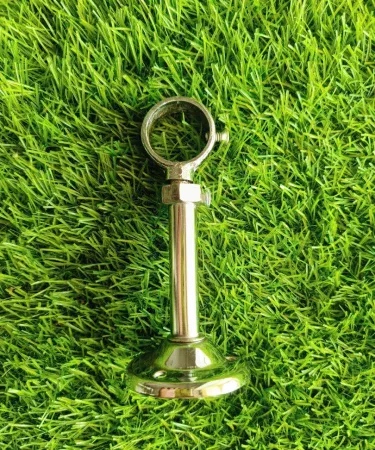 Two uniquely designed stainless steel curtain rod brackets in a gleaming chrome finish, perfect for modern home decor and window treatments.