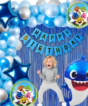 Vibrant Baby Shark Happy Birthday Theme Set with 40 latex balloons, 5 character pieces, a back foil curtain, 'Happy Birthday' banner, ribbon, and straw for kids' party decor.
