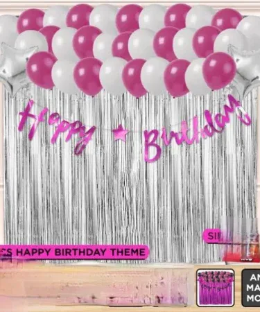 Happy Birthday Cursive Banner Theme Set with 30 vibrant latex balloons, shimmering foil curtain, and two star balloons for complete birthday party decorations. Premium quality party supplies kit for celebrations in Pakistan.