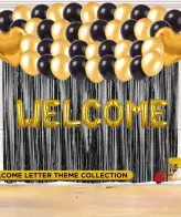 Welcome Foil Balloon Theme Set with 30 metallic balloons, decorative backdrop curtain and star accents, imagecaption=Complete party décor kit – 30 foil balloons, backdrop curtain and stars – perfect for celebrations,