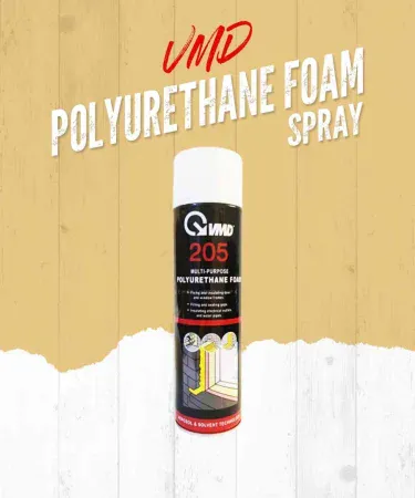 Polyurethane Foam Spray VMD 205 500ml can with foam expanding from nozzle, sealing gaps around a window frame, insulating an electrical outlet, and securing a water pipe