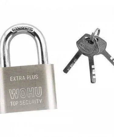 WOHU high quality padlock with durable brass cylinder and robust steel body, shown with 3 keys, ideal for secure indoor and outdoor applications.