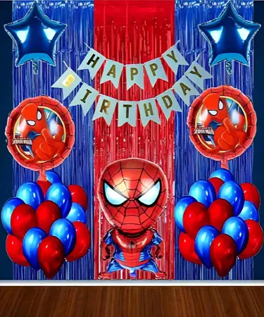 Complete Spider-Man birthday party decoration set with 40 latex balloons, 5 foil balloons, 2 foil curtains, Happy Birthday banner, ribbon, and straw for home decor.