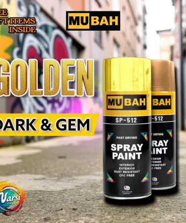 Mubah Original 400ML Golden Spray Paint can in Gem Gold and Dark Gold shades, suitable for metal, wood, plastic, and DIY projects, displayed against a clean background.