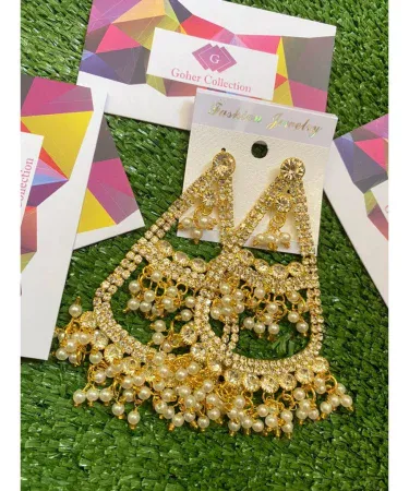 Elegant jhumar style earrings, traditional Pakistani wedding jewelry, gold plated ethnic earrings for women, fancy dangle earrings, festive fashion accessory