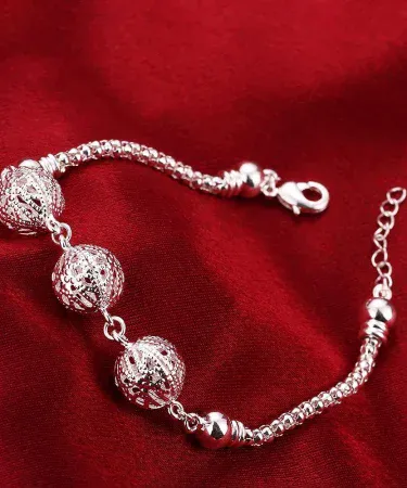 Pearlistan Elegant Silver Matte Smooth Ball Double Chain Bracelet for Women and Girls