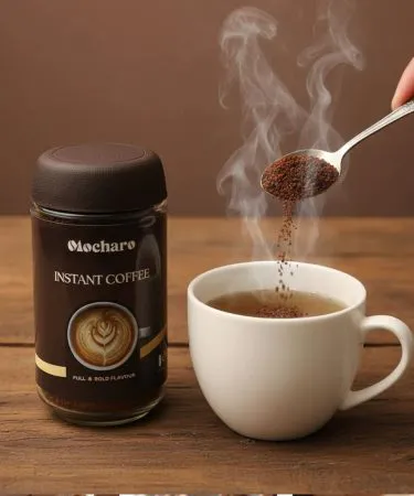 Mocharo Premium Instant Coffee 50g jar with strong and bold flavor indication, ideal for a rich café-style experience, freshly packed in Pakistan.
