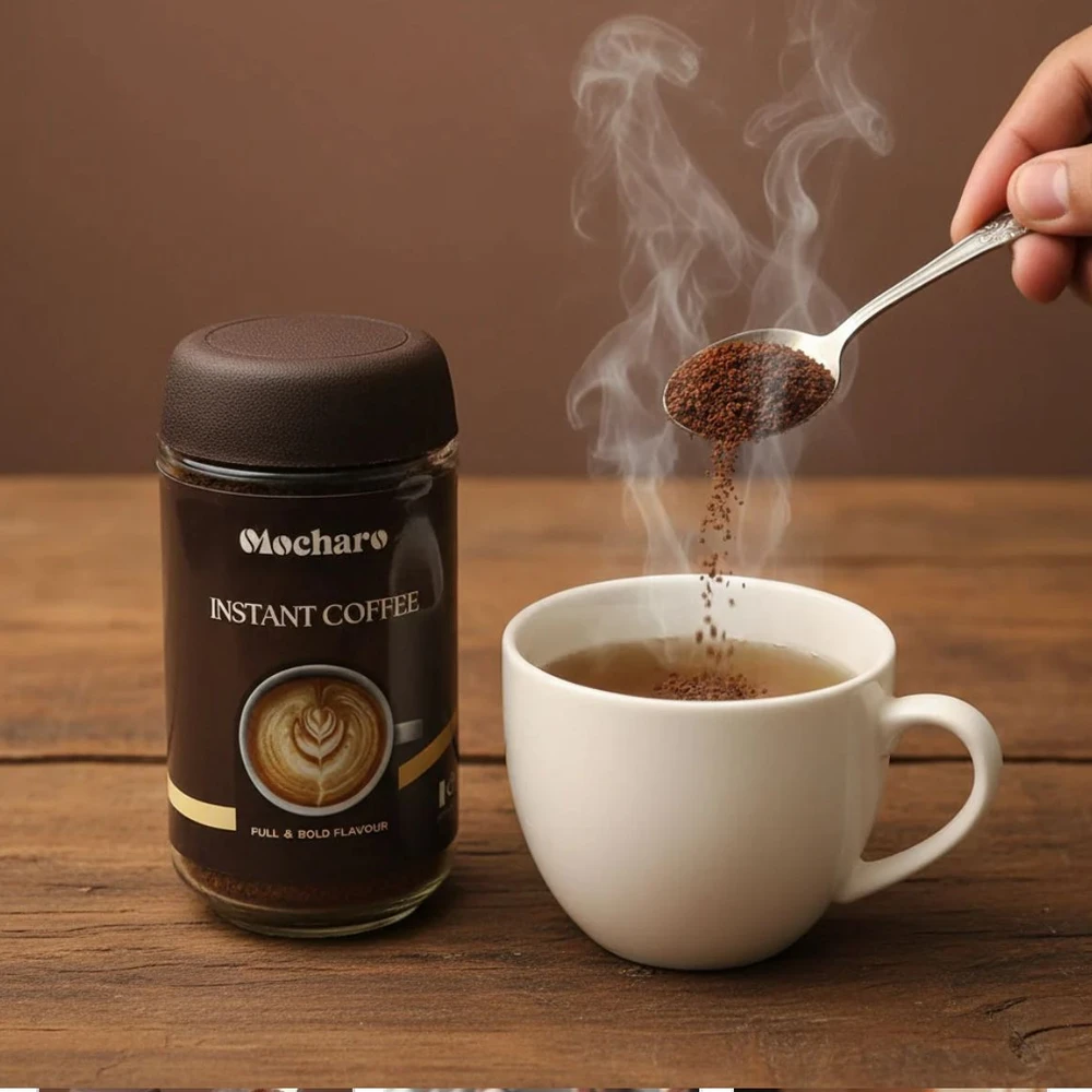 Mocharo Instant Coffee jar with hot coffee cup and steam – premium instant coffee in Pakistan