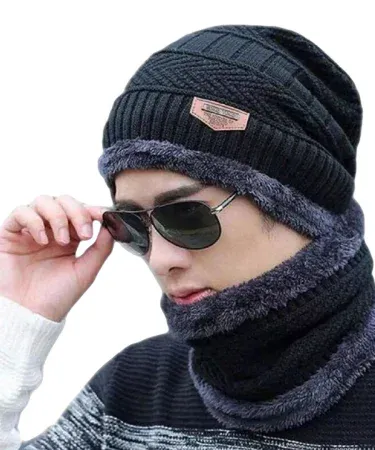 Beanie caps warm caps neck cover set – cozy fleece hat and neck warmer for winter, imagecaption=Stylish beanie and neck cover set perfect for chilly weather,