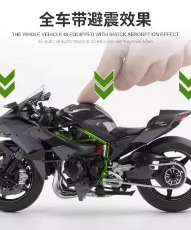 1:8 scale Kawasaki Ninja H2 diecast model bike with alloy metal body, sound & light features, realistic detailing, black and green finish